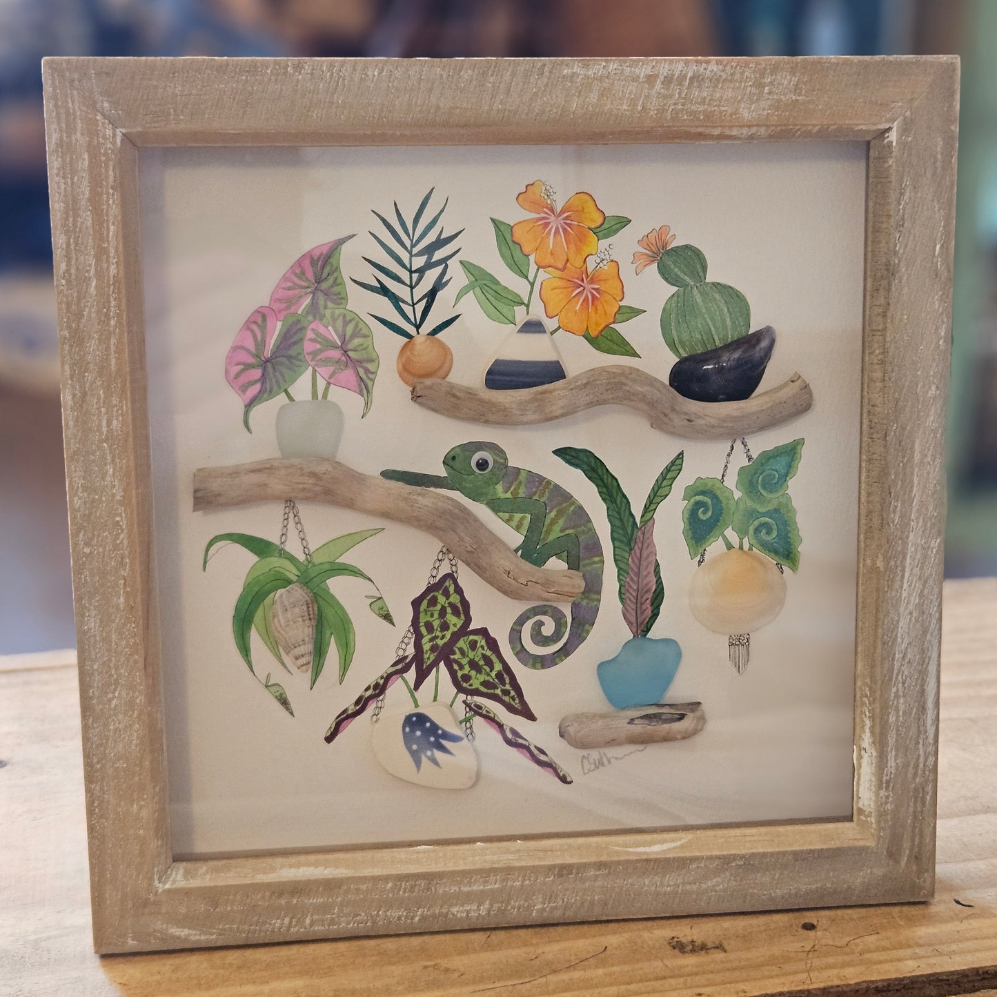 Mixed Media Chameleon & Plants Picture