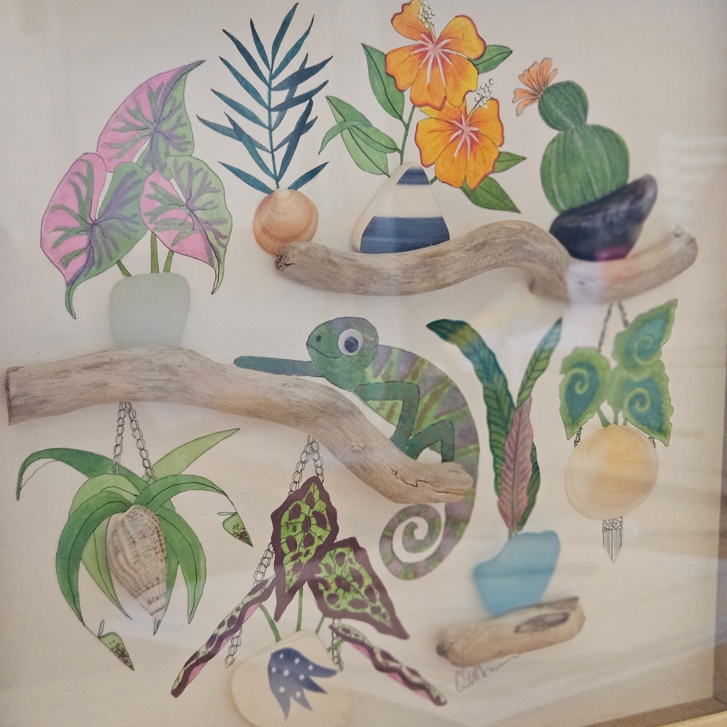 Mixed Media Chameleon & Plants Picture